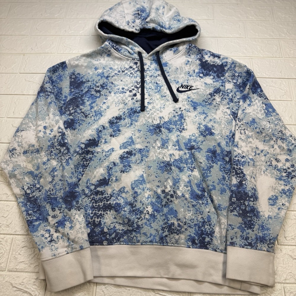 Nike Club Fleece Pullover Hoodie White Blue Tie Dye Mens Small